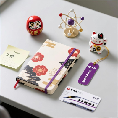 磐达教育日语学习指南第五步“开启旅程”图标,画面为中心笔记本与四件日式支持物品环绕的俯拍微距摄影 磐达教育日语学习指南第五步“开启旅程”图标,画面为中心笔记本与四件日式支持物品环绕的俯拍微距摄影